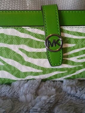 Michael Kors Lime Green Zebra-Print Wallet with Silver MK Logo